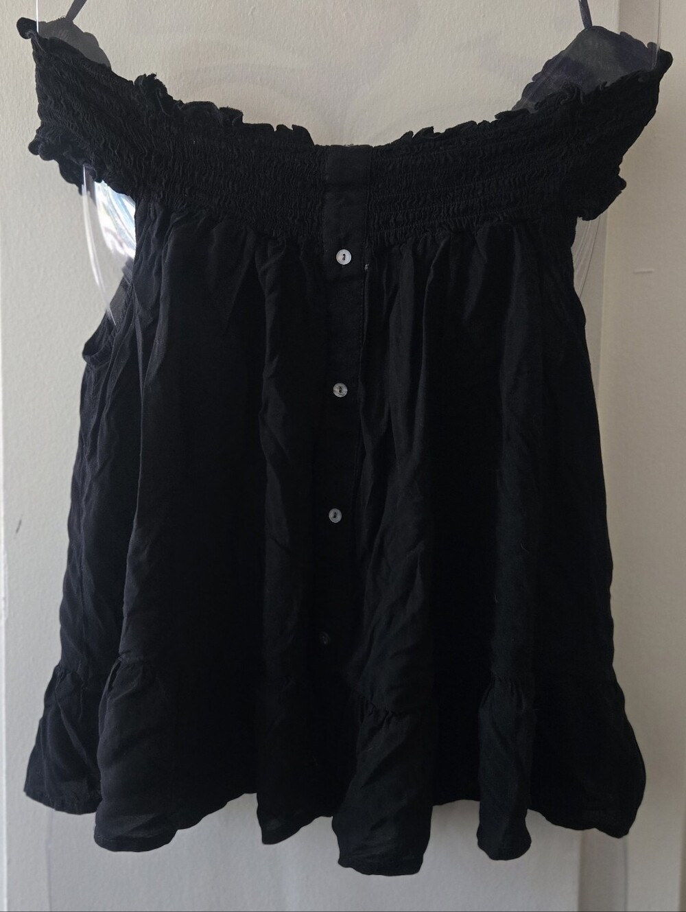 Express Black Off-Shoulder Smocked Button-Front Camisole